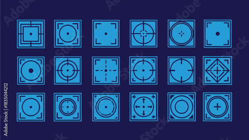 Collection of diverse targeting reticles and crosshairs in a digital blue grid