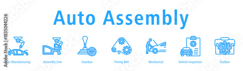 Auto Assembly web banner icon vector illustration with icons of Car Manufacturing, Assembly Line, Gearbox, Timing Belt, Mechanical, Vehicle Inspection and Toolbox.