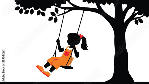 Joyful child swinging high on a summer day, silhouette against a tree.