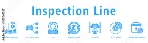 Inspection Line web banner icon vector illustration with icons of Vehicle Inspection, Car Specification, Tire, Steering Wheel, Car Lifter, Brake Repair and Battery Replacement.