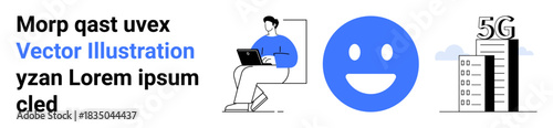 Digital communication, 5G networks, remote working, modern technology, online connectivity, global communication. A person on a laptop, a smiling emotion and a 5G building graphic. Digital