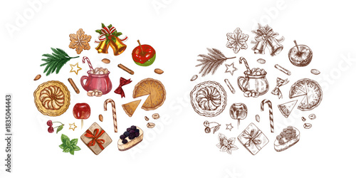 Hand drawn vintage sketch of round Christmas food and dessert set in color and monochrome version
