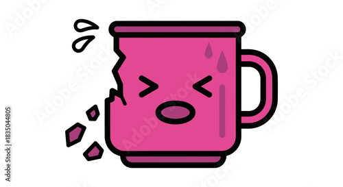 Frustrated pink mug with chipped edge and sweating face