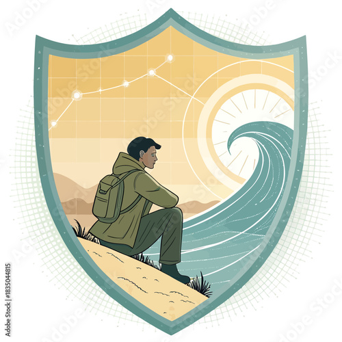 Man with backpack sitting and looking at wave within shield emblem