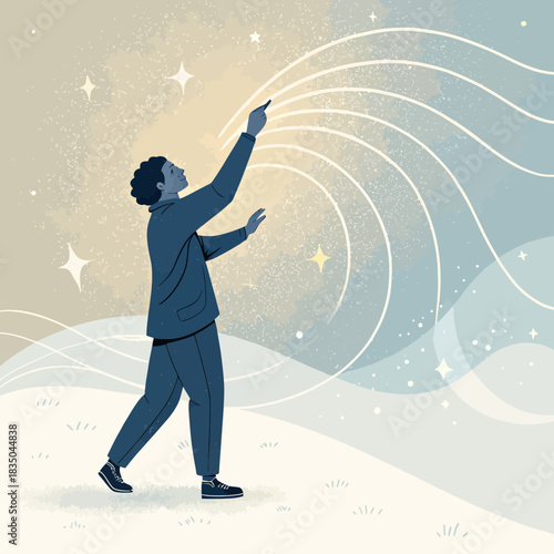 Person drawing magical stardust and lines in a dreamy landscape