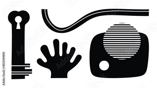 Abstract black and white graphic elements suggesting security, connection, and technology.