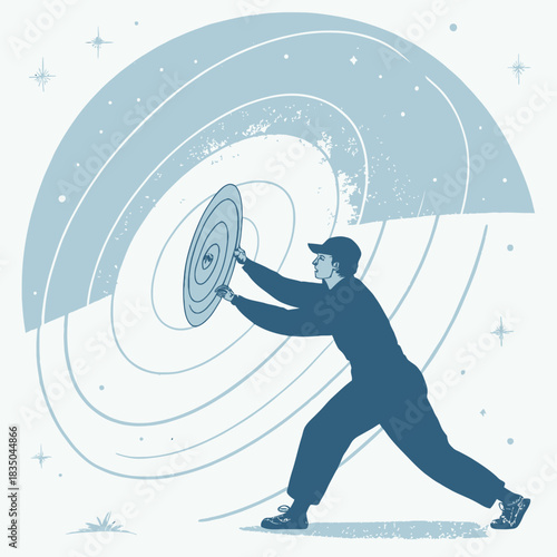 Man shaping a swirling cosmic disc in starry blue universe