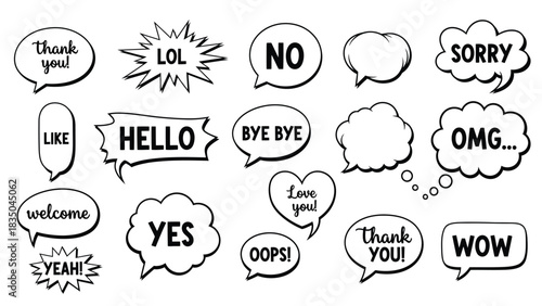 Collection of hand-drawn speech bubbles with various expressions and words