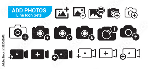 Add photos line icon sets concept vector illustration. Minimalistic photography camera and picture upload symbols