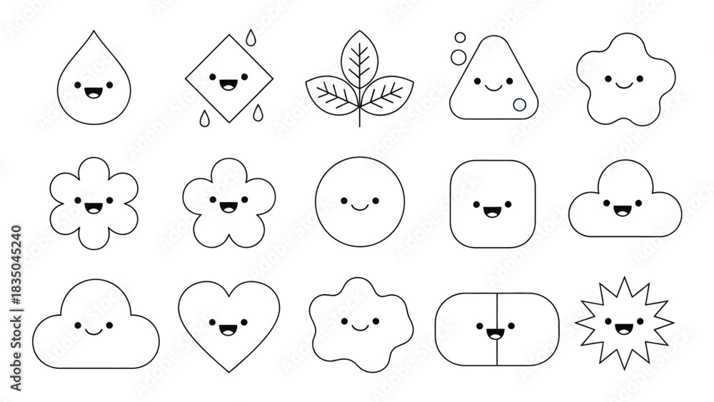 Fototapeta premium Collection of cute, smiling geometric shapes and icons with simple faces.