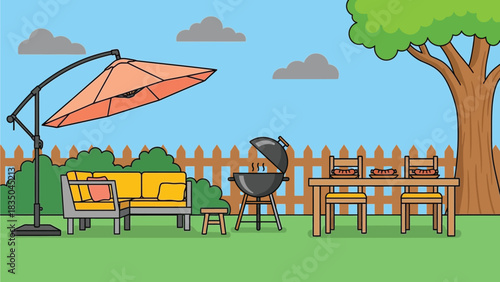 Inviting backyard patio scene with grill and dining set ready for outdoor entertaining.