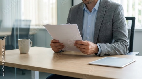 Focused professional reviewing business documents at a modern office desk with technology