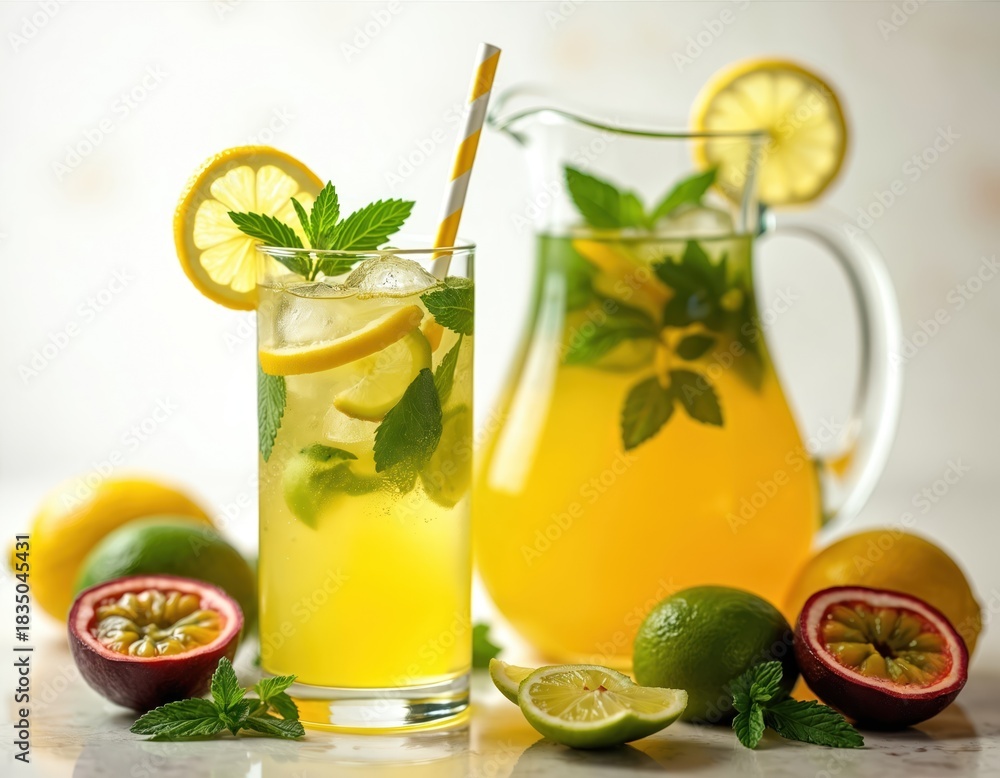 Fototapeta premium Fresh lemonade with lemon slices, mint leaves and ice in tall glass. Pitcher of yellow citrus drink with passion fruit, limes and lemons nearby.