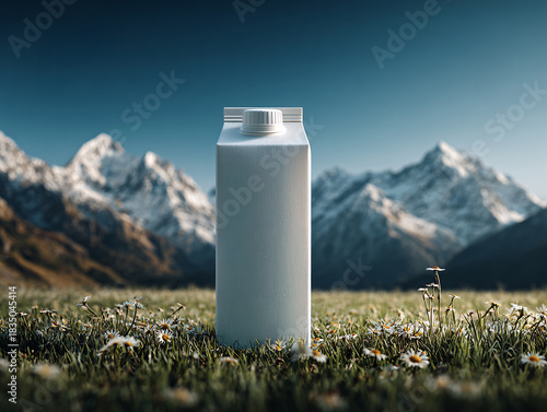 a white milk carton standing on a grassy field with small white flowers. In the background, there are majestic snow-capped mountains under a clear blue sky.