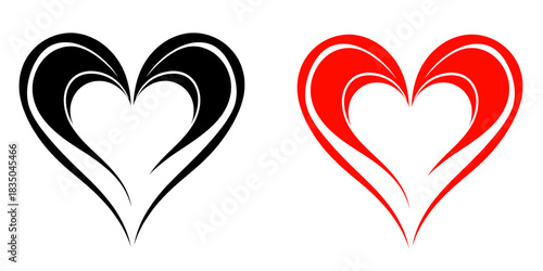 Two hearts are shown, one black and one red, both with a stylized, layered design giving a sense of depth. They are isolated on a white background, creating a clean, minimalist aesthetic.
