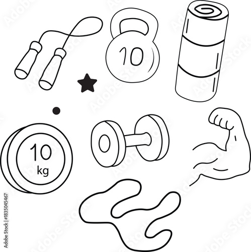Hand drawn outline doodle set of gym and fitness equipment workout icons collection for fitness exercise and health illustrations