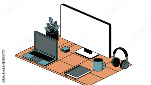 Clean and organized desk setup with laptop, monitor, headphones, and plant for productive remote work.
