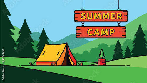 Vibrant summer camp scene with a tent and sign in a lush green forest setting.
