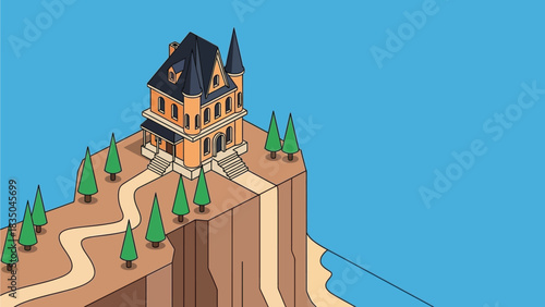 Isolated manor perched dramatically on a cliff overlooking the sea, with winding paths and evergreen trees.