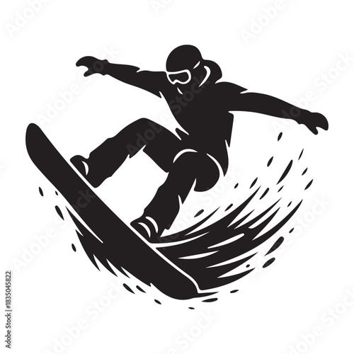 Extreme winter snowboarding trick silhouette speed motion black vector icon