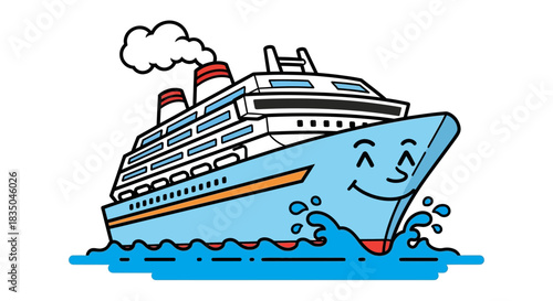 Happy cartoon cruise ship sailing through blue waves with a smiling face, symbolizing travel and fun adventures.