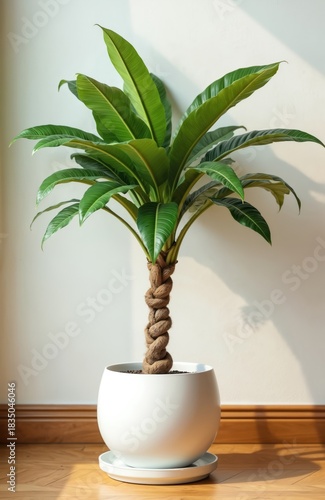 Money tree plant displayed in white pot. Potted Pachira Aquatica houseplant stands in home room. Green leaves contrast with wooden floor. Planted indoor for decoration.
