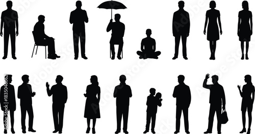 Human silhouette vector set, diverse poses and interactions, standing, sitting, waving, holding child, gesture icons, black figure illustration