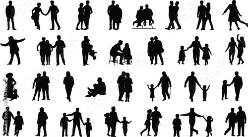 Human silhouette vector set, people in motion, family and relationship poses, emotional gestures, minimalist black figures, lifestyle and social icons
