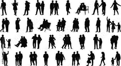 Human silhouette vector set, diverse people poses, family and relationship clipart, emotional gestures, lifestyle icons, minimalist black figure illustrations