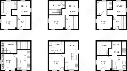Residential floor plan vector set, six apartment layout illustrations with labeled rooms, stairs, doors, and architectural features for housing design