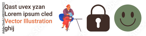 Business communication, online security, data safety, mental positivity, workplace safety, privacy. Woman sitting, lock icon happy face. Communication and security concepts