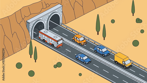 Vehicles driving on a highway towards a tunnel entrance in a dry, arid landscape.