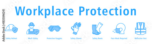 Workplace Protection banner with Safety Helmet, Work Safety, Goggles, Gloves, Boots, Mask Requirement, and Reflective Vest.