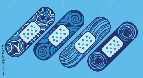 Four decorative blue adhesive bandages arranged diagonally on a light blue background