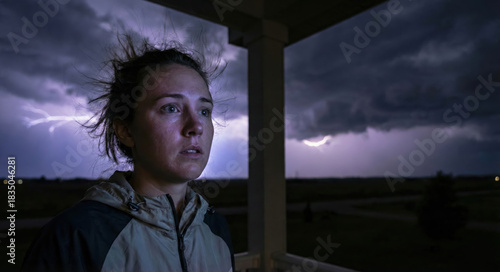 Facing the Storm: A woman stands on a porch, her face reflecting a mix of awe and trepidation as a dramatic thunderstorm unfolds in the distance. Capturing the raw power of nature