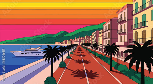 Vibrant coastal promenade lined with palm trees and Mediterranean buildings under a colorful sunset sky.