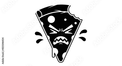 Angry pizza slice with a bite taken out, dripping and stressed