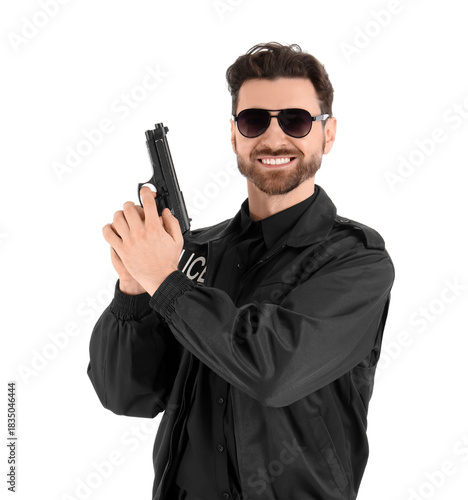 Happy male police officer w...