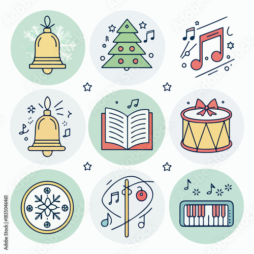 Festive Christmas Icons Bell, Tree, Notes, Book, Drum, Snowflake, Keyboard & Music Symbols