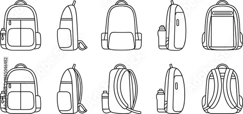 Backpack vector set with ten multi-view sketches showing front, side, and back angles, water bottle accessories, and varied pocket configurations