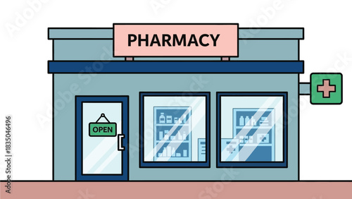 Modern pharmacy building with an open sign in the window.