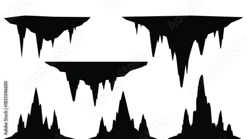 Mysterious jagged rock formations and floating islands in silhouette