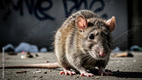 Fototapeta Naklejka Na Ścianę i Meble -  Wild rat on dirty pavement. Rodent in urban setting. Pest control and public health concept. Animal with long whiskers and sharp eyes.