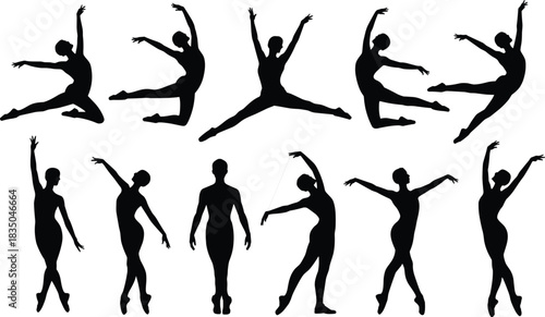 Ballet dancer silhouette set, elegant poses, classical dance movement, performing arts vector, graceful human form, black figure illustration, choreography