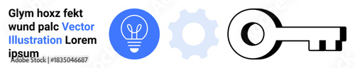 Innovation, ideas development, problem solving, security solutions, technology concepts, brainstorming. A light bulb, gear and key icons on white background. Innovation and ideas development