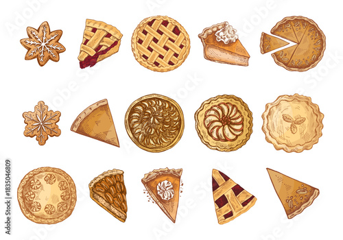 Hand drawn vintage collection of colorful festive pies and cookies for thanksgiving and christmas holiday decoration