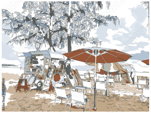  Sketch-style impressionnist painting,A food cart on the beach selling drinks and snacks,Digital illustration vector image 