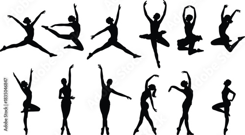 Ballet dancer silhouette set, expressive poses, classical dance movement, performing arts vector, elegant human form, black figure illustration, choreography
