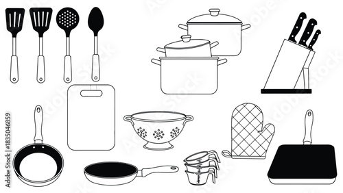 Collection of essential kitchen utensils and cookware for everyday cooking