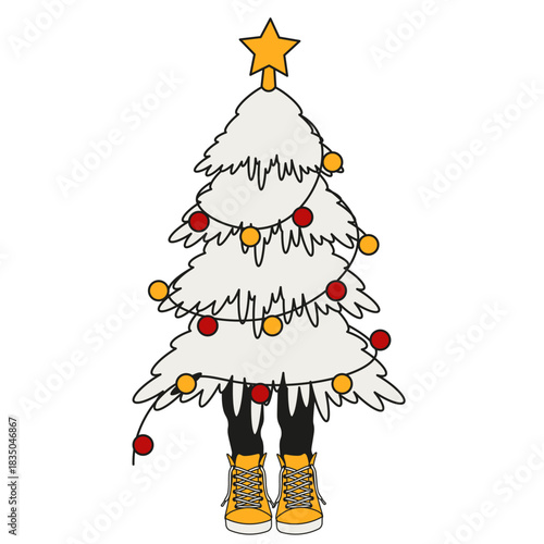 Trendy 2026 Cloud Dancer color Christmas tree isolated transparent background. Modern Christmas tree with legs star and garland. Cloud Dancer Xmas art t-shirt print card cover design. Editable stroke